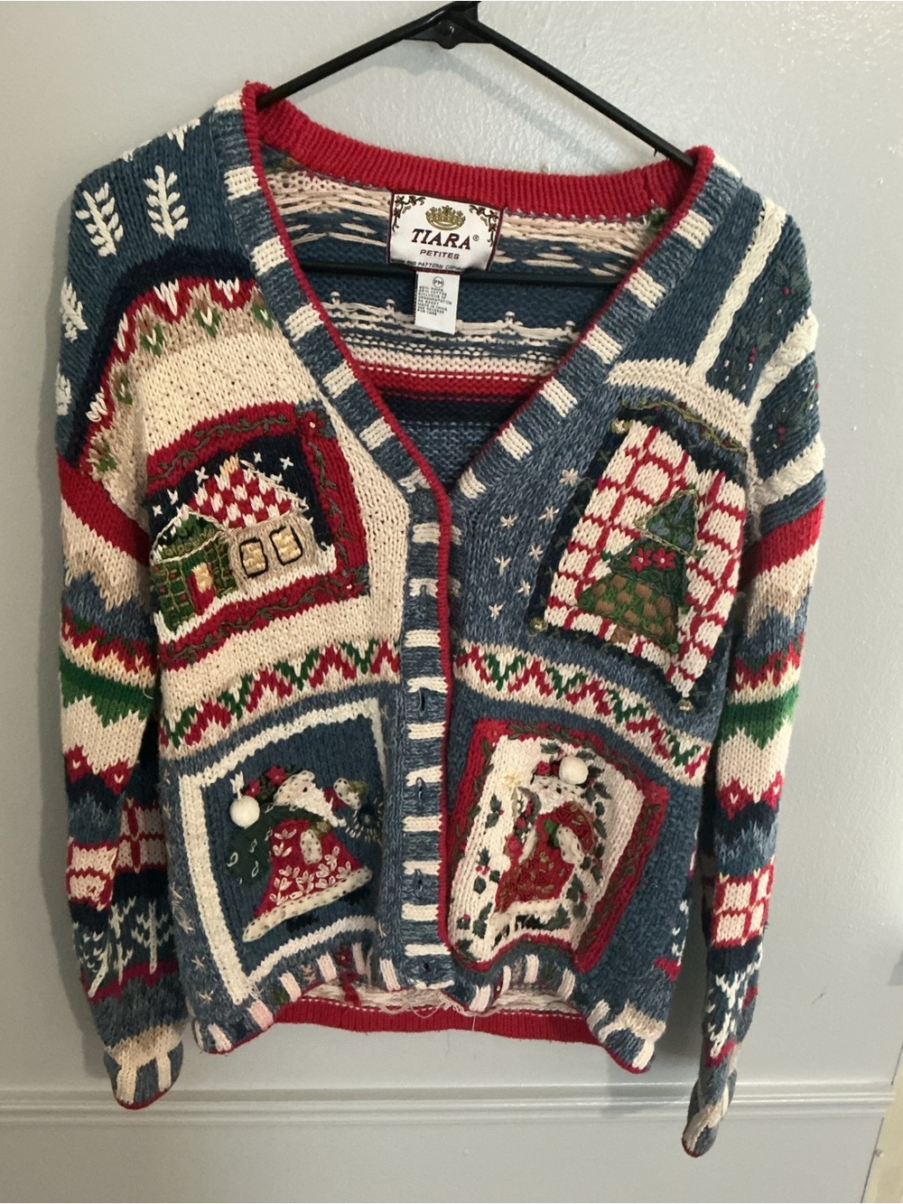 Vintage Tiara Petites Christmas Ugly Sweater Cardigan Size PM Santa House Trees